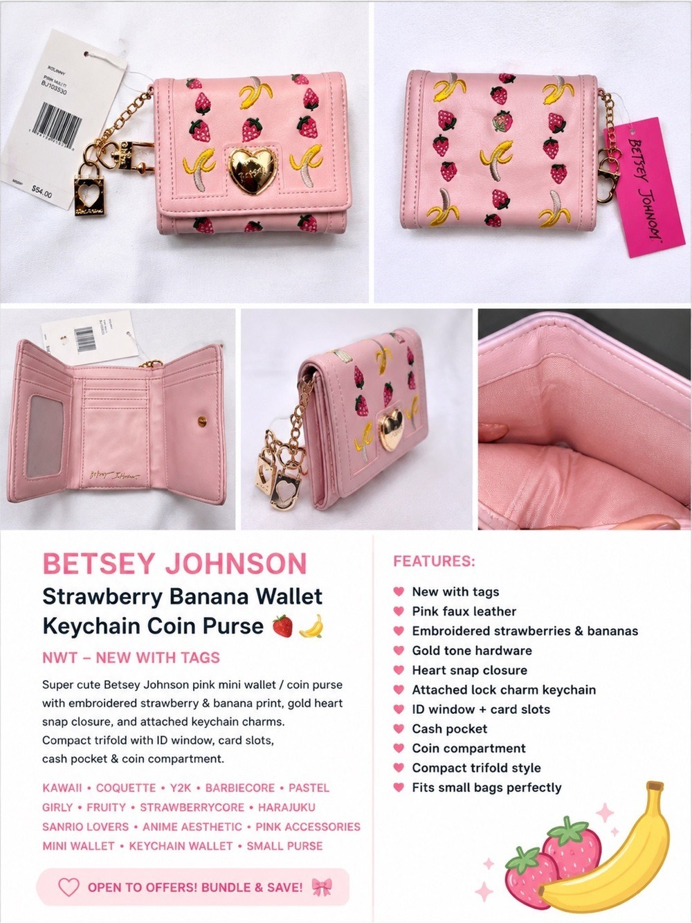Betsey Johnson Strawberry Banana Wallet Keychain Coin Purse Pink Kawaii NWT